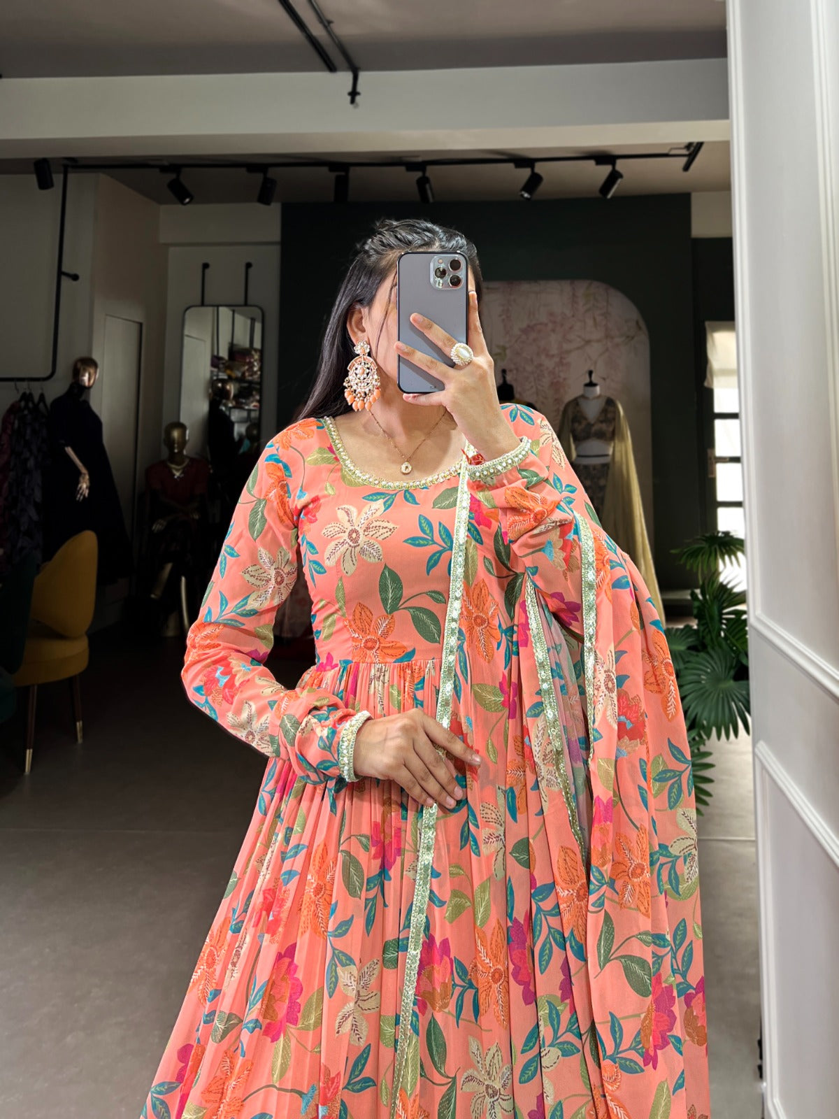 Georgette Floral Print with Lace Touch-Up Gown With Dupatta