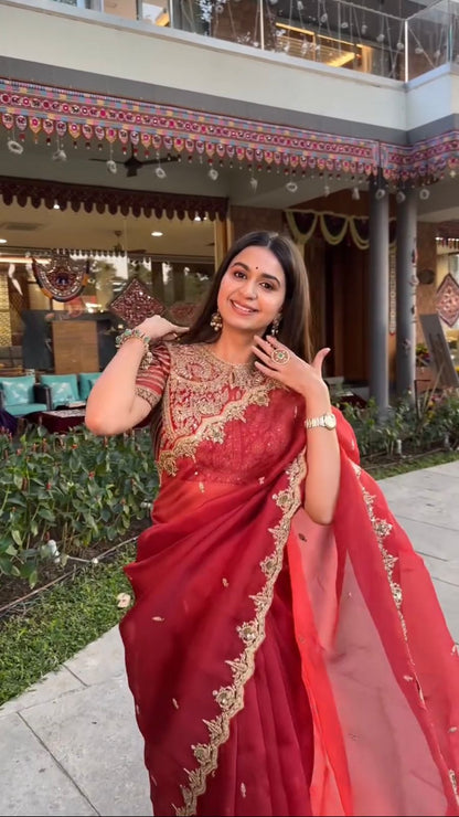 Gorgeous Red Heavy Organza Silk Saree
