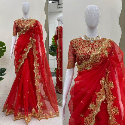 Gorgeous Red Heavy Organza Silk Saree