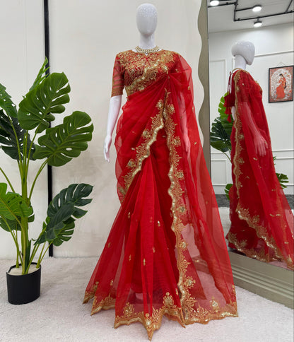 Gorgeous Red Heavy Organza Silk Saree