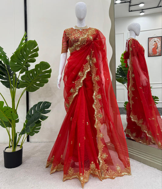 Gorgeous Red Heavy Organza Silk Saree