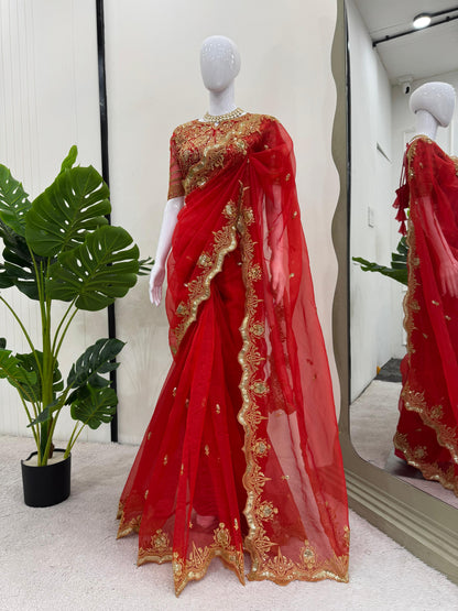 Gorgeous Red Heavy Organza Silk Saree