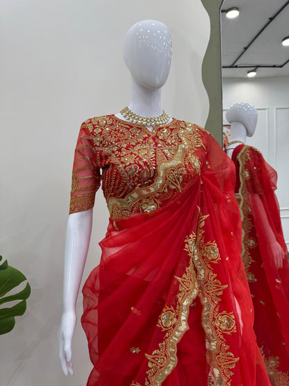 Gorgeous Red Heavy Organza Silk Saree