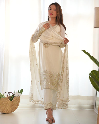 White Pure Chinon Silk Embroidery with Sequins &Jari Work 3pc Kurta Set