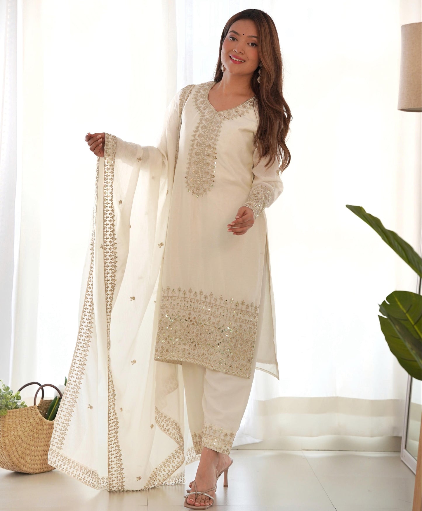 White Pure Chinon Silk Embroidery with Sequins &Jari Work 3pc Kurta Set