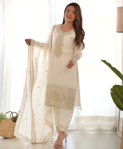 White Pure Chinon Silk Embroidery with Sequins &Jari Work 3pc Kurta Set