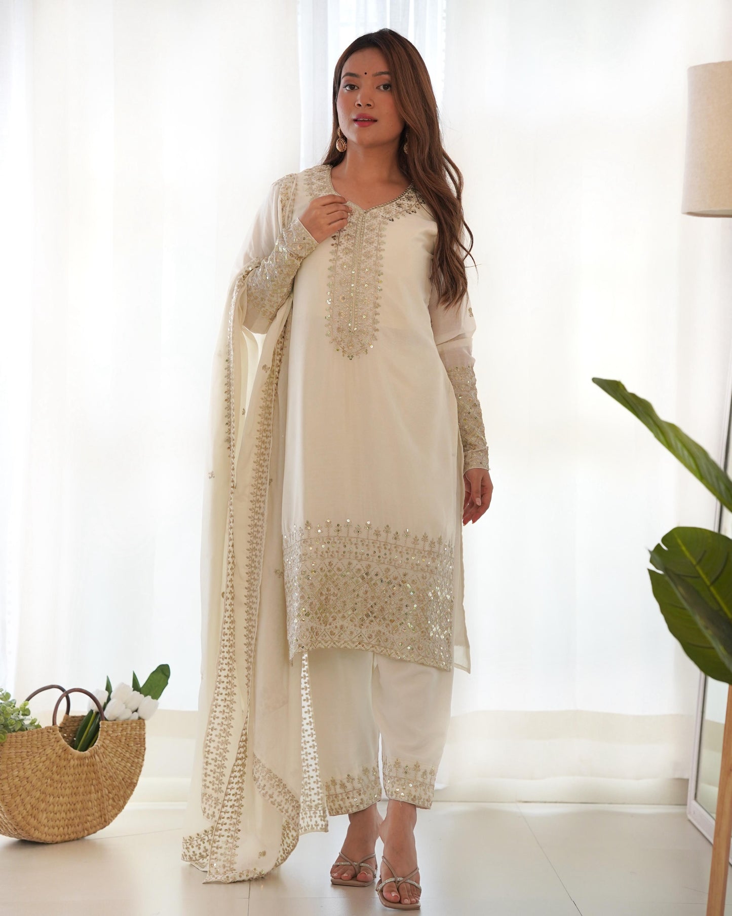 White Pure Chinon Silk Embroidery with Sequins &Jari Work 3pc Kurta Set