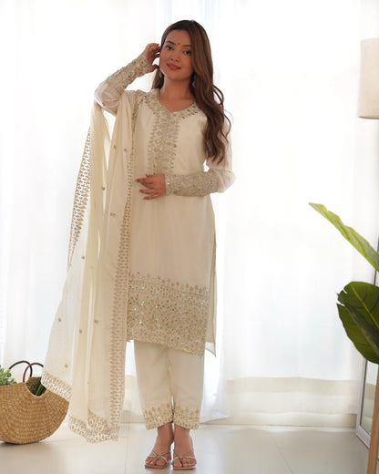 White Pure Chinon Silk Embroidery with Sequins &Jari Work 3pc Kurta Set