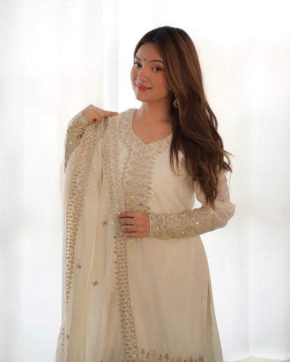 White Pure Chinon Silk Embroidery with Sequins &Jari Work 3pc Kurta Set