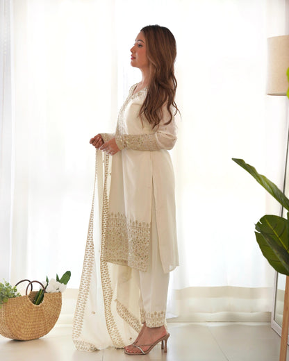 White Pure Chinon Silk Embroidery with Sequins &Jari Work 3pc Kurta Set