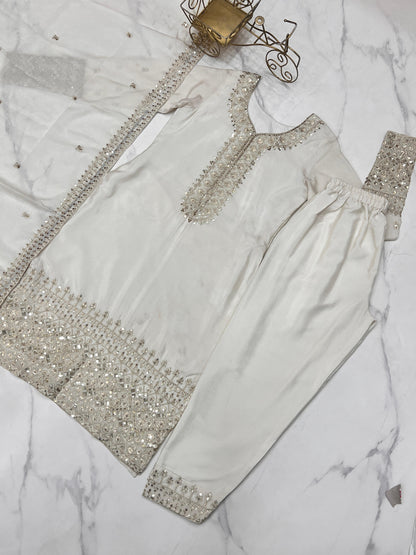 White Pure Chinon Silk Embroidery with Sequins &Jari Work 3pc Kurta Set