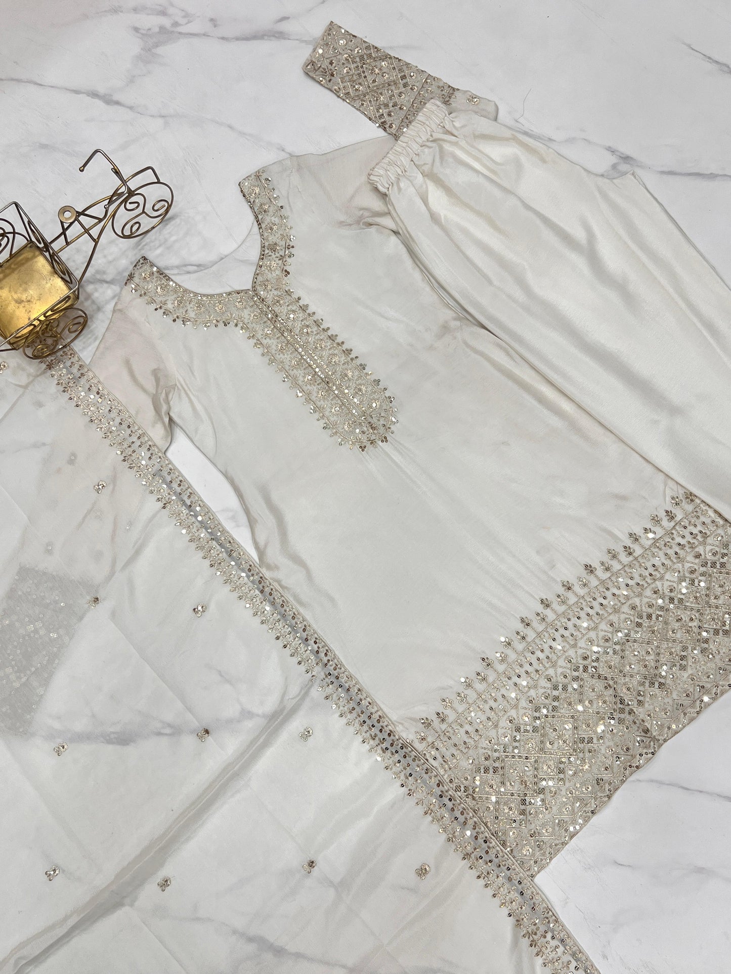 White Pure Chinon Silk Embroidery with Sequins &Jari Work 3pc Kurta Set