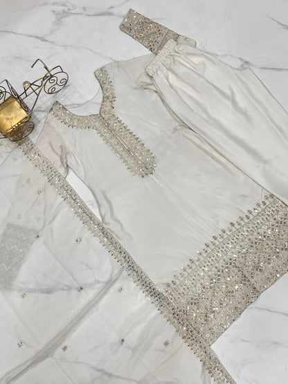 White Pure Chinon Silk Embroidery with Sequins &Jari Work 3pc Kurta Set