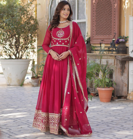 Pink Faux Blooming Georgette with Rich Sequins Embroidered Work Gown With Dupatta