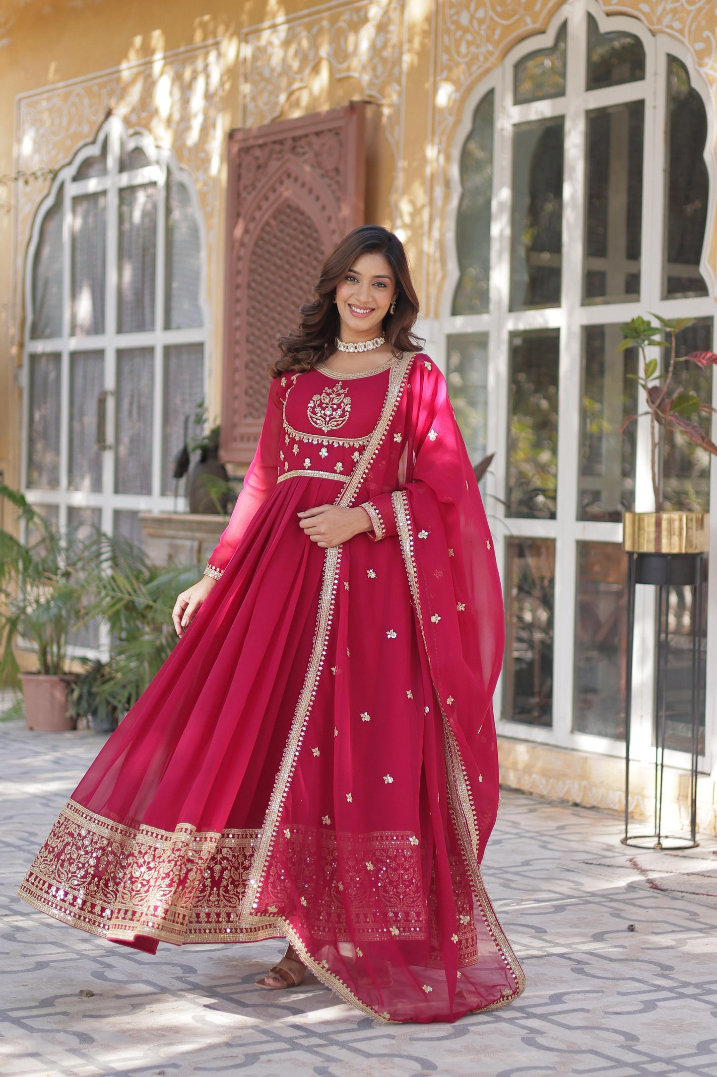 Pink Faux Blooming Georgette with Rich Sequins Embroidered Work Gown With Dupatta