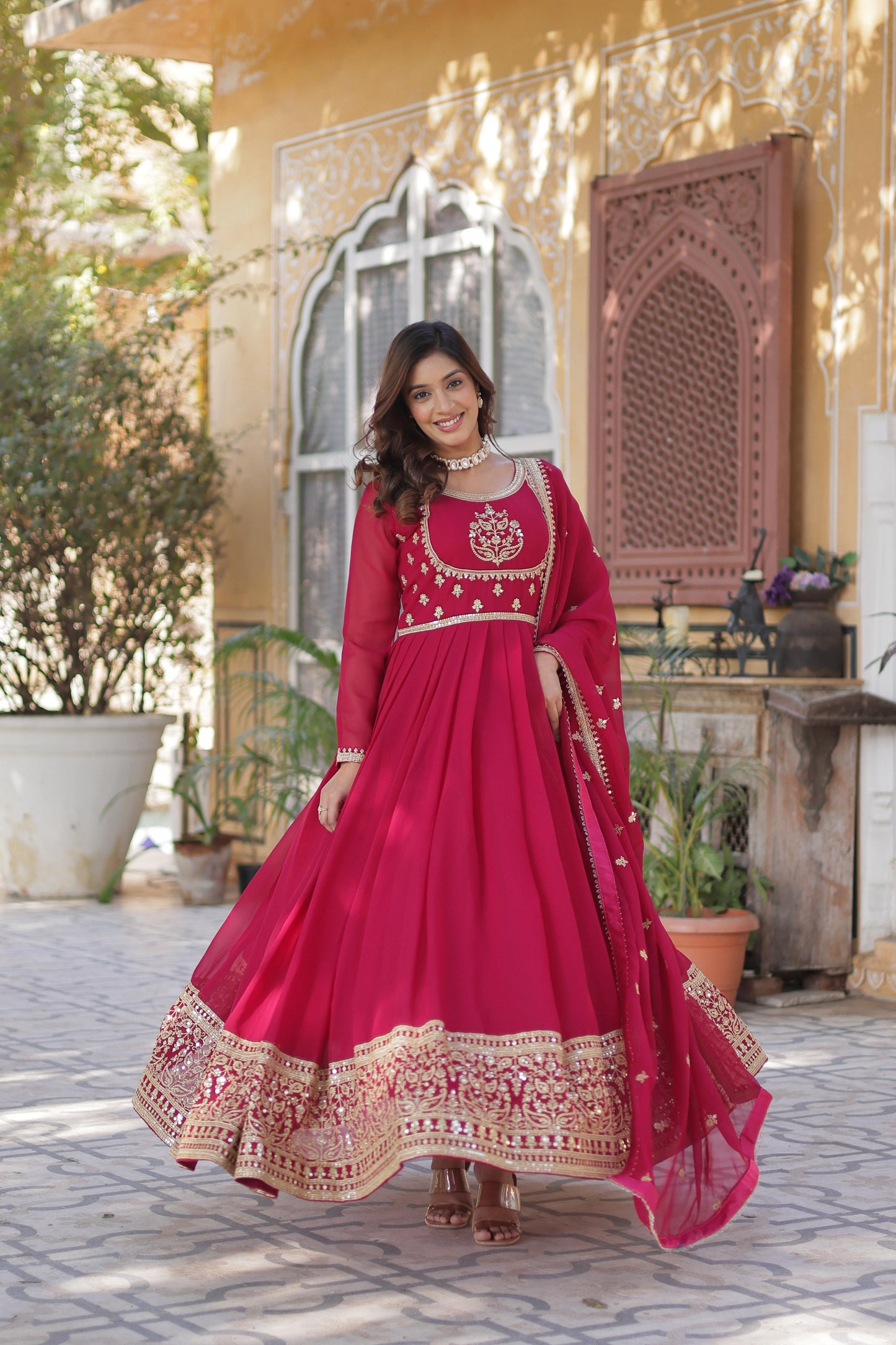 Pink Faux Blooming Georgette with Rich Sequins Embroidered Work Gown With Dupatta
