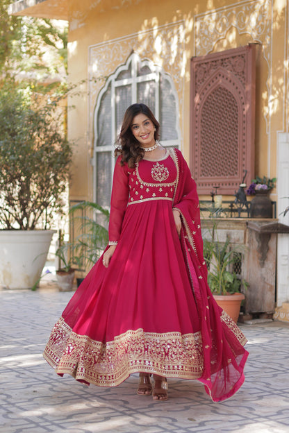 Pink Faux Blooming Georgette with Rich Sequins Embroidered Work Gown With Dupatta