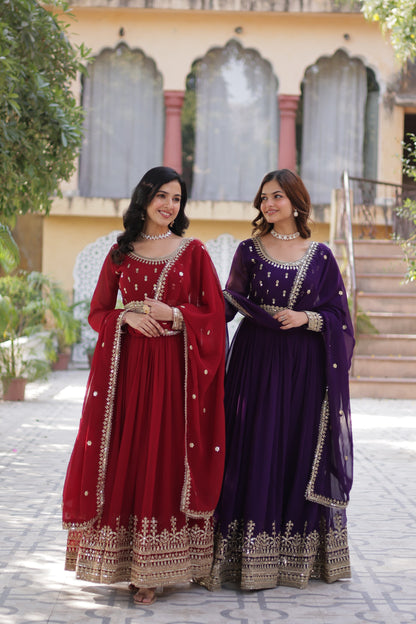 Maroon Faux Blooming with Embroidery Zari Sequins Work Gown With Dupatta