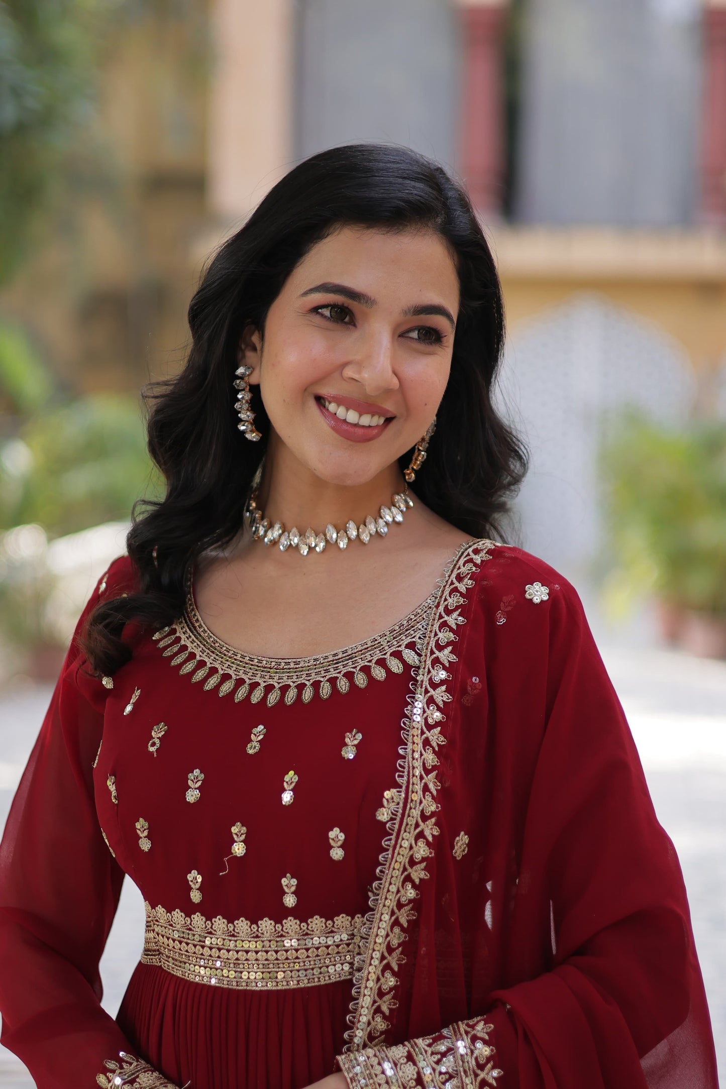 Maroon Faux Blooming with Embroidery Zari Sequins Work Gown With Dupatta