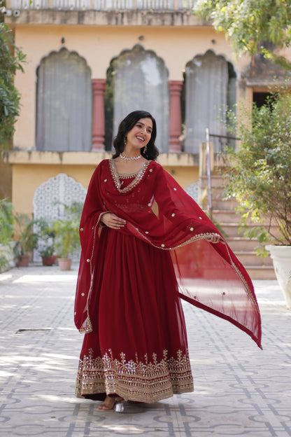 Maroon Faux Blooming with Embroidery Zari Sequins Work Gown With Dupatta