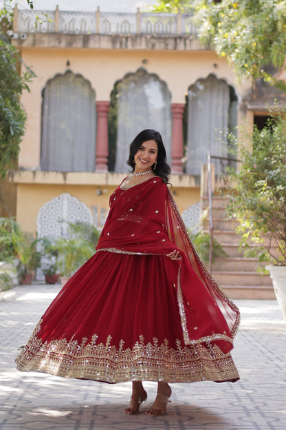 Maroon Faux Blooming with Embroidery Zari Sequins Work Gown With Dupatta
