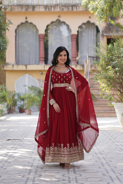 Maroon Faux Blooming with Embroidery Zari Sequins Work Gown With Dupatta