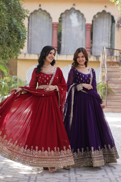 Maroon Faux Blooming with Embroidery Zari Sequins Work Gown With Dupatta
