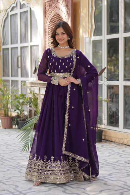 Maroon Faux Blooming with Embroidery Zari Sequins Work Gown With Dupatta