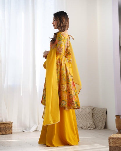 Yellow Romansilk Chanderi with Discharge Print Kediya kurta Set