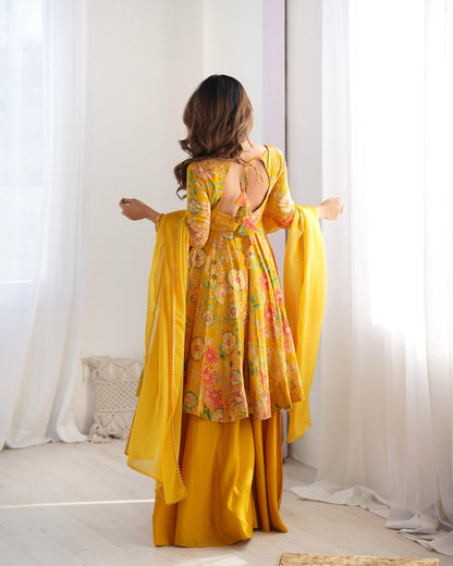 Yellow Romansilk Chanderi with Discharge Print Kediya kurta Set