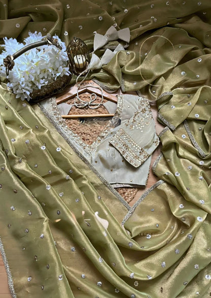 Lemon Green Heavy Twill Net With Sequins Work