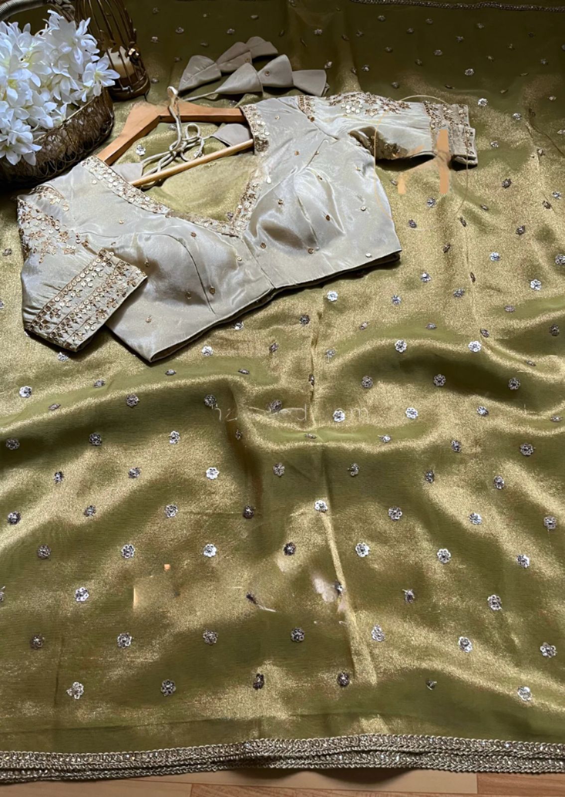 Lemon Green Heavy Twill Net With Sequins Work