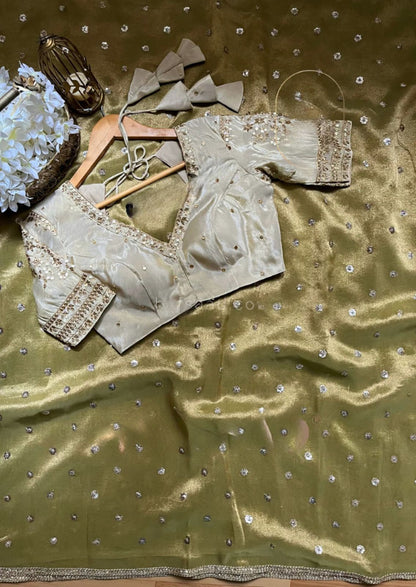 Lemon Green Heavy Twill Net With Sequins Work