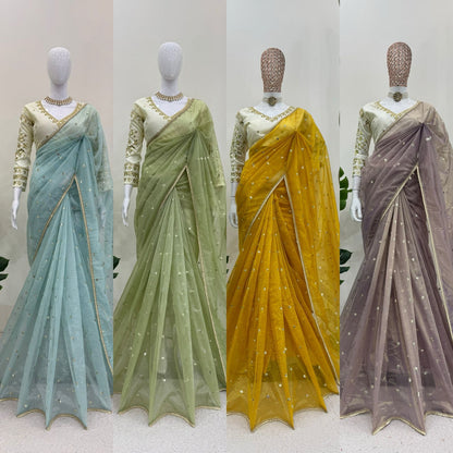 Lemon Green Heavy Twill Net With Sequins Work