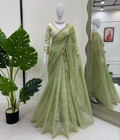 Lemon Green Heavy Twill Net With Sequins Work