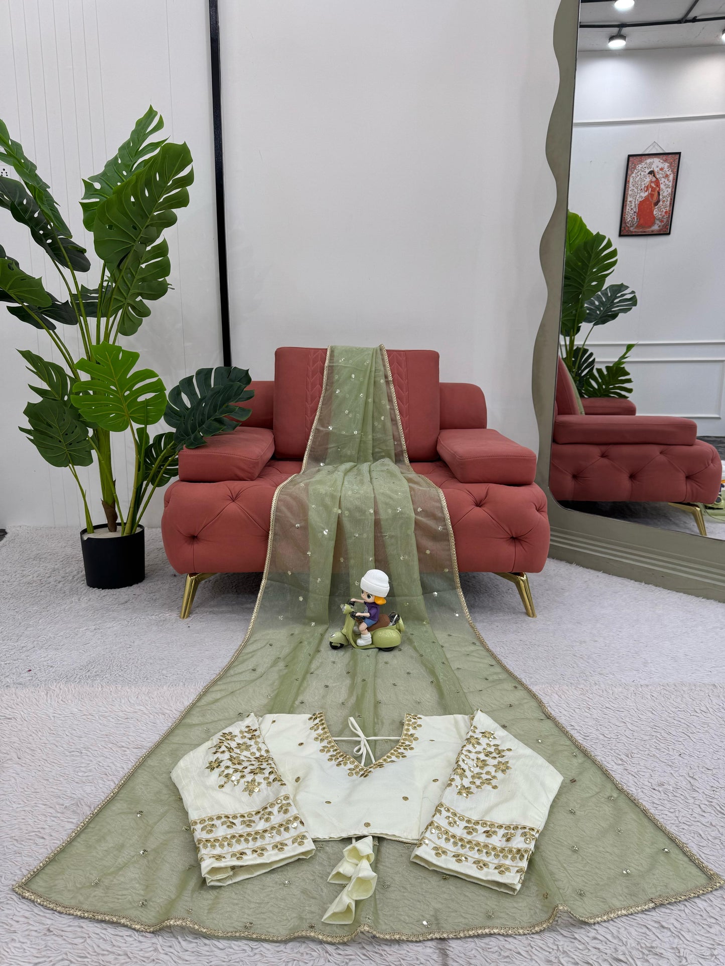 Lemon Green Heavy Twill Net With Sequins Work