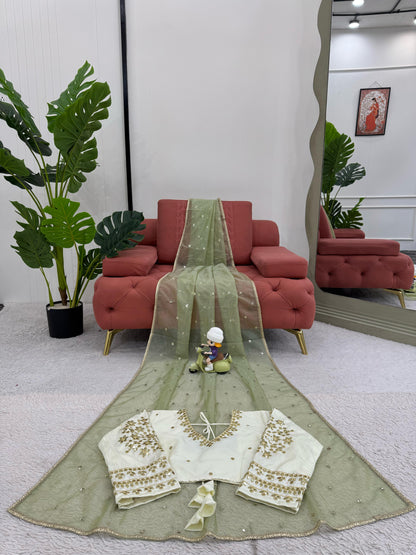 Lemon Green Heavy Twill Net With Sequins Work