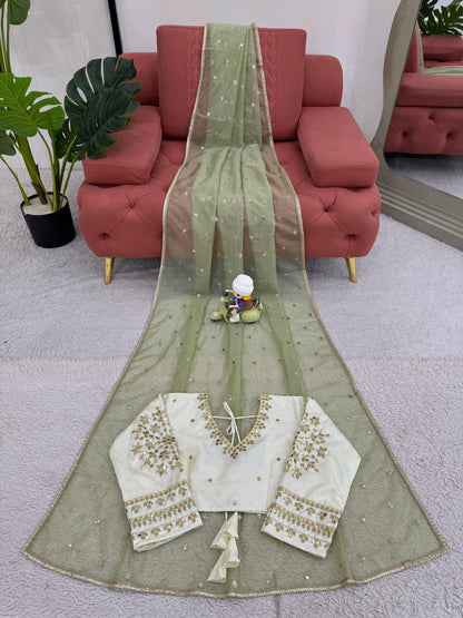 Lemon Green Heavy Twill Net With Sequins Work