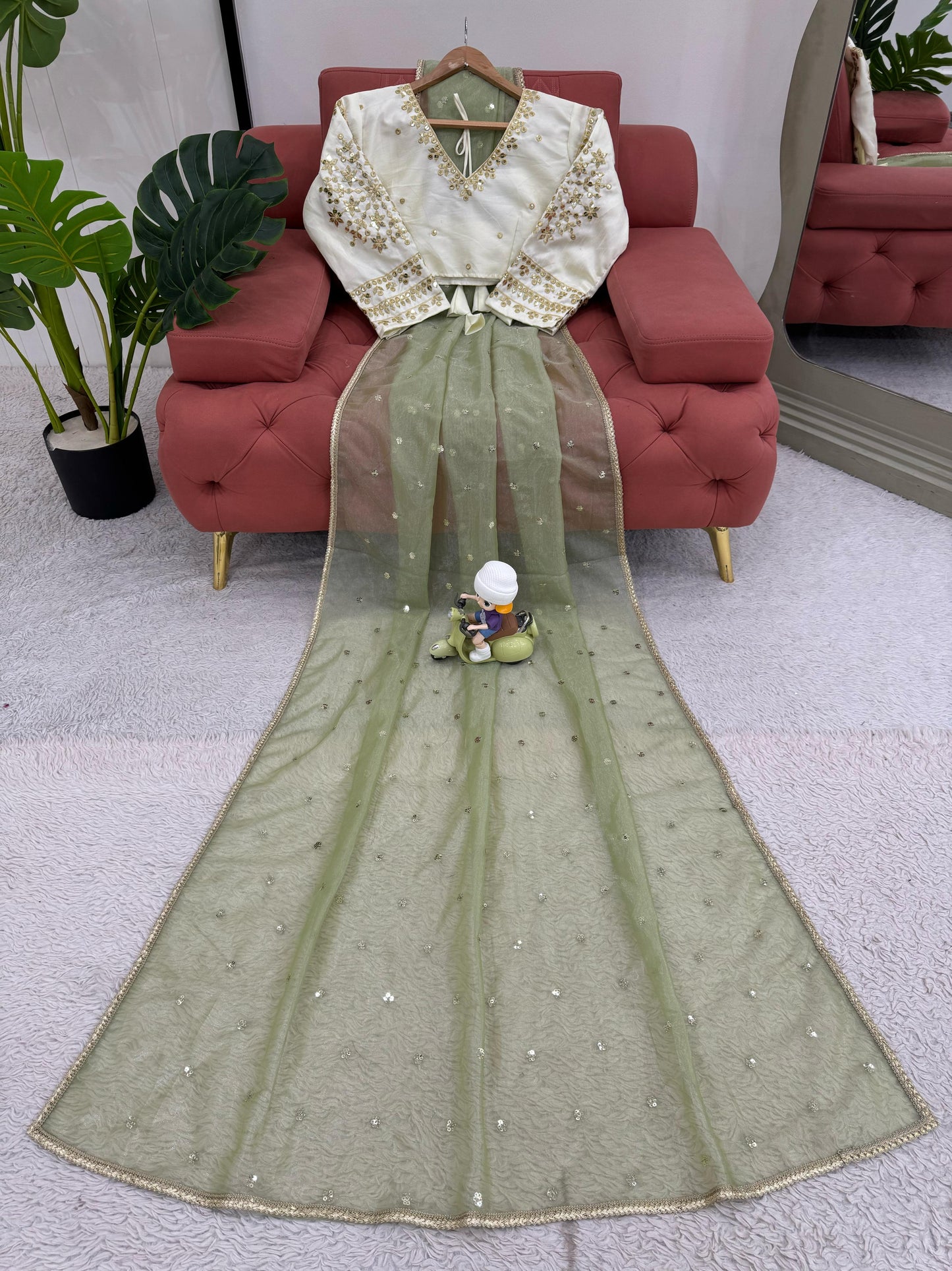 Lemon Green Heavy Twill Net With Sequins Work