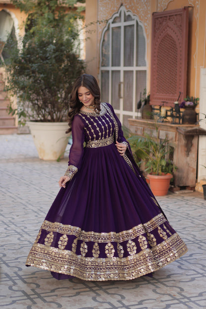 Maroon Embroidery Zari Sequins Work Gown With Dupatta