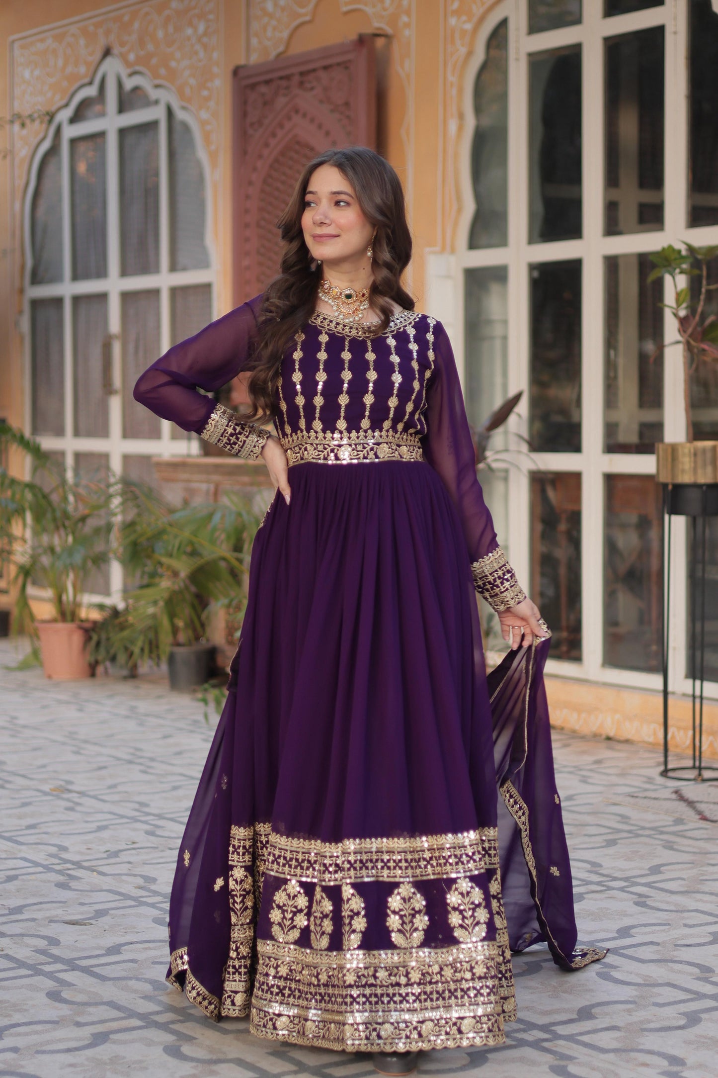 Maroon Embroidery Zari Sequins Work Gown With Dupatta