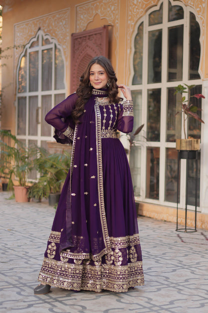 Maroon Embroidery Zari Sequins Work Gown With Dupatta