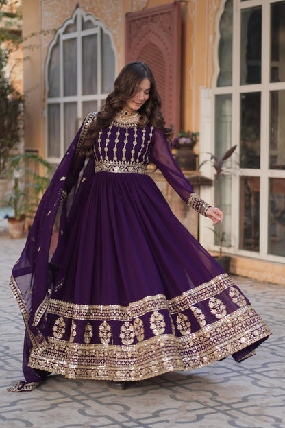 Maroon Embroidery Zari Sequins Work Gown With Dupatta