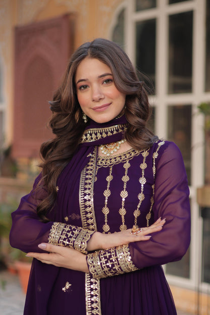 Maroon Embroidery Zari Sequins Work Gown With Dupatta