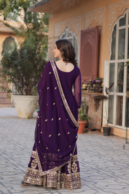 Maroon Embroidery Zari Sequins Work Gown With Dupatta