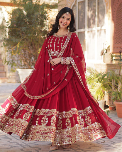 Maroon Embroidery Zari Sequins Work Gown With Dupatta