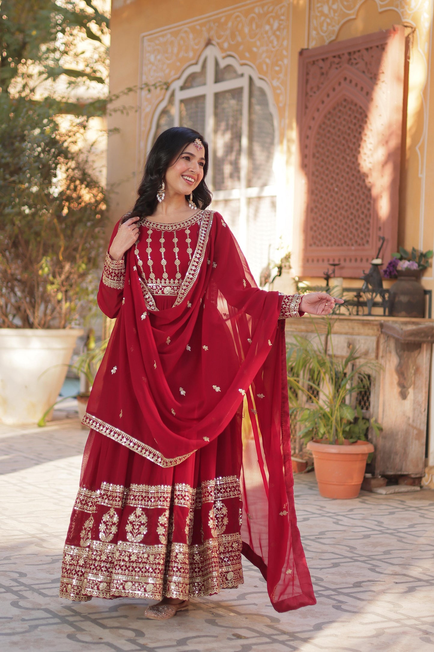 Maroon Embroidery Zari Sequins Work Gown With Dupatta