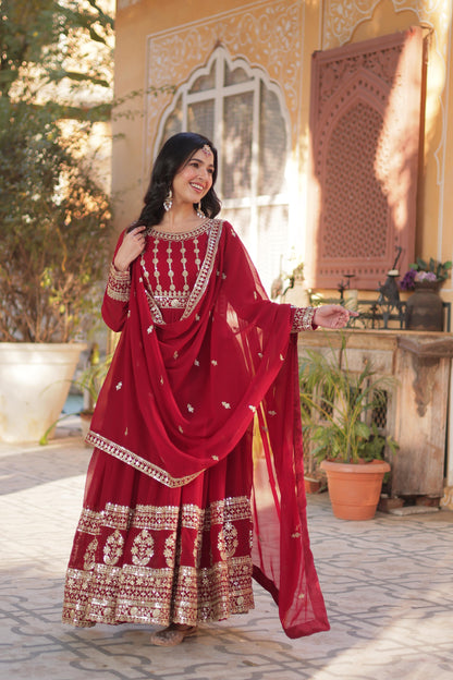 Maroon Embroidery Zari Sequins Work Gown With Dupatta