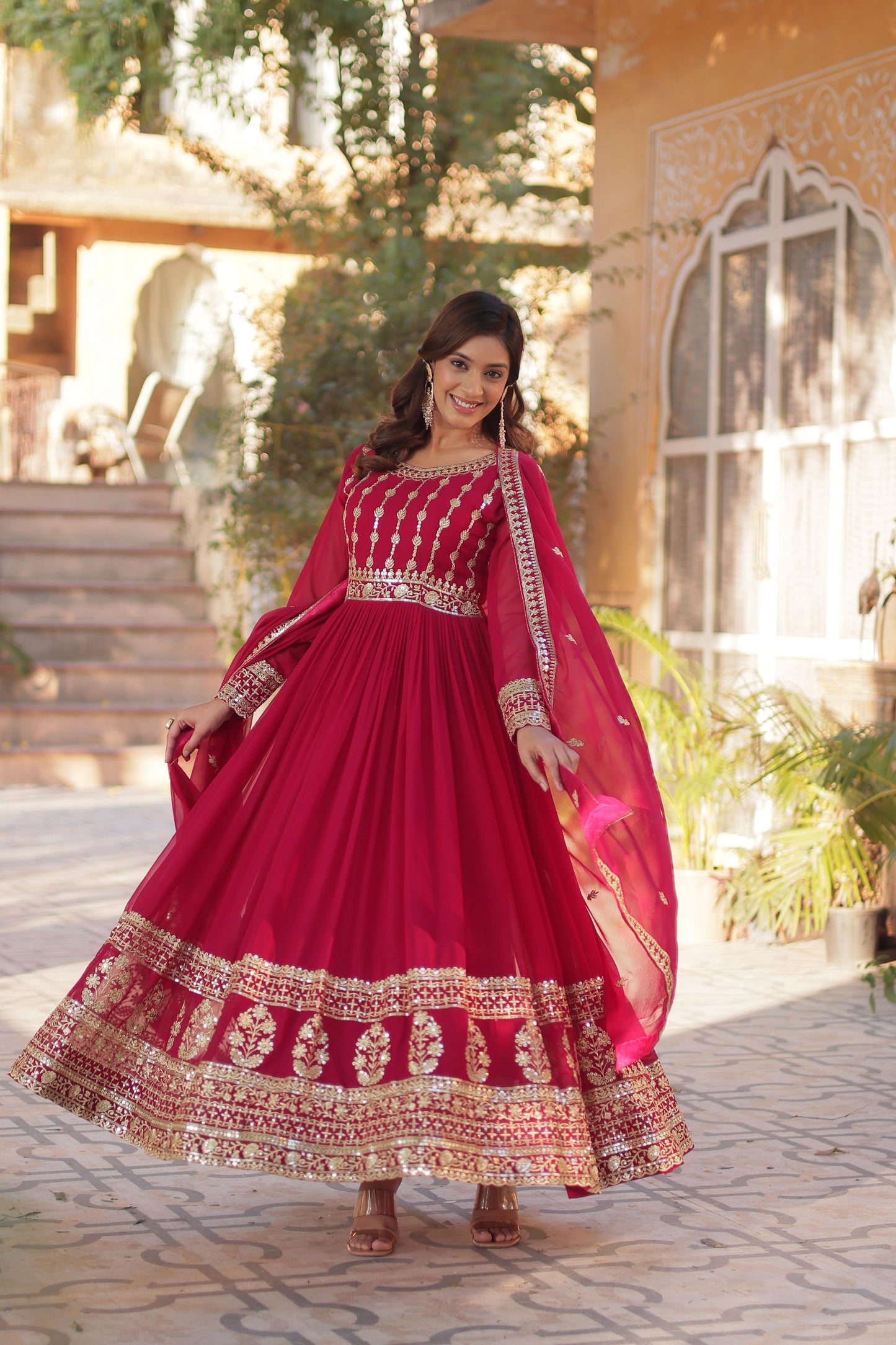 Maroon Embroidery Zari Sequins Work Gown With Dupatta
