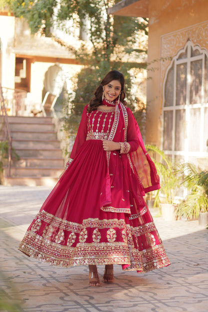 Maroon Embroidery Zari Sequins Work Gown With Dupatta
